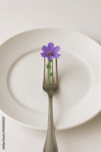 Unique Culinary Art With Flower on Fork Placed on Plate for Creative Dining E...