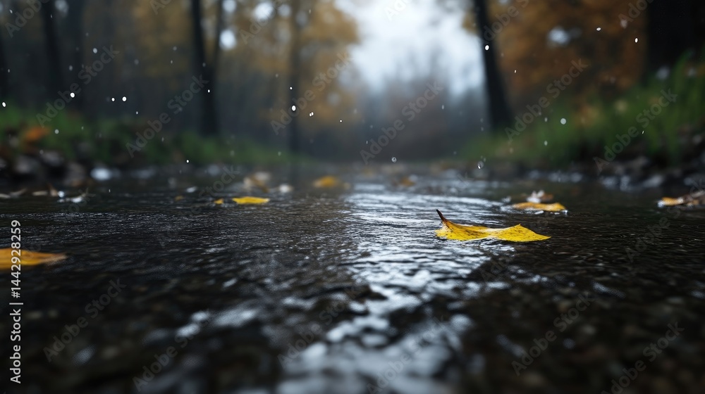 Fototapeta premium Autumn rain in a forest stream