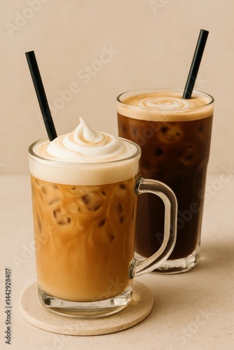 Delicious Iced Coffee Drinks Served in Clear Glasses With Whipped Cream and S...