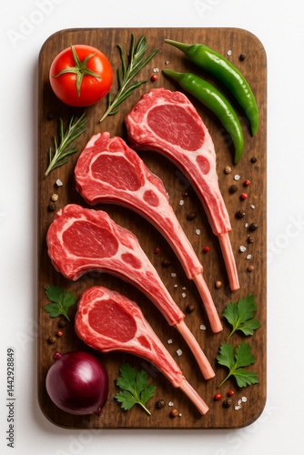 Fresh Lamb Chops on Wooden Cutting Board With Herbs and Vegetables