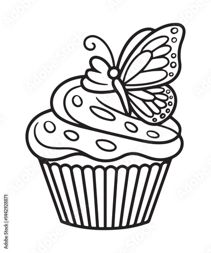 Adorable cupcake with butterfly coloring page for kids, black line art vector illustration on white background