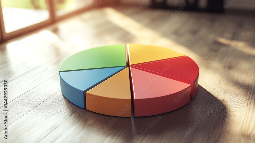 Fototapeta premium A colorful 3D pie chart with six segments sits on a wooden floor in sunlight near a window.