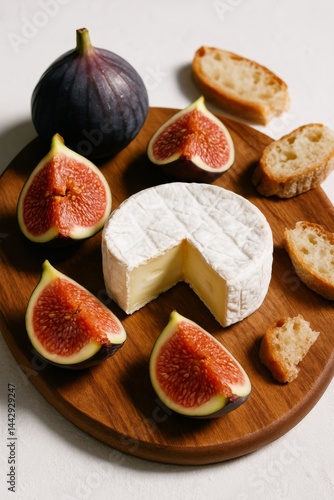 Delicious Cheese and Fig Platter With Bread Slices Arranged on a Wooden Board