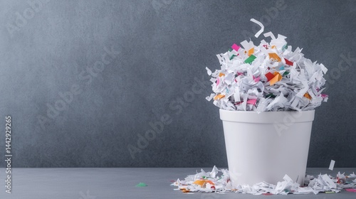Shredded Paper Overflowing from a White Trash Bin on a Gray Background
