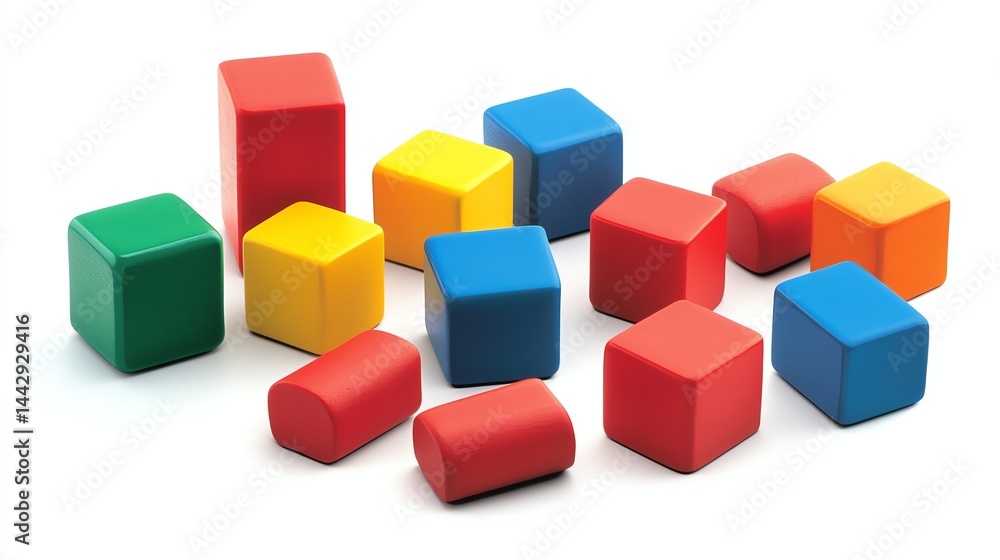 Colorful plastic toy blocks in various shapes and sizes are scattered on a white background. Colorful plastic toy blocks in various shapes and sizes are scattered on a white background.