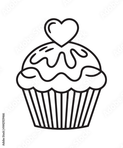 Cute cupcake decoration with heart shape coloring page for kids, black line art vector illustration on white background