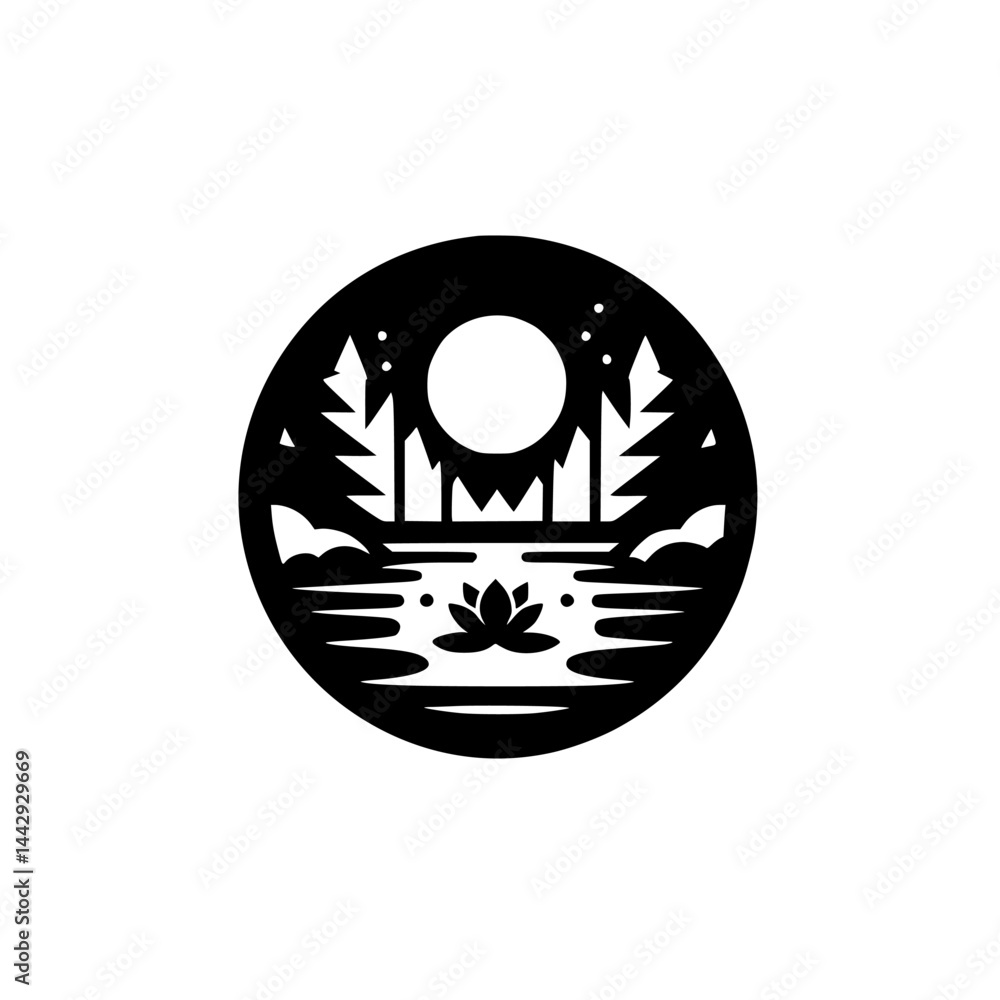 Obraz premium Minimalist Zen Nature Circle Icon: Lotus, Moon, and Forest Black and White Illustration