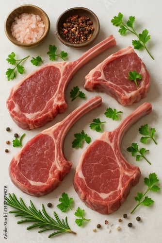 Fresh Meat Cuts Arranged With Herbs and Spices on a White Surface Ready for C...