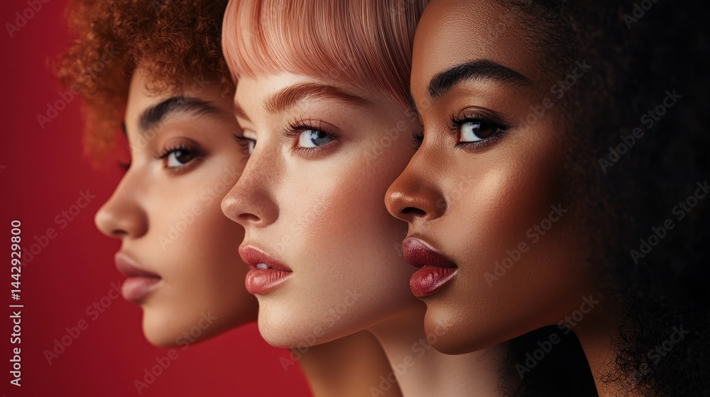 Side profile portraits of young females of various races against red background Side profile portraits of young females of various races against red background