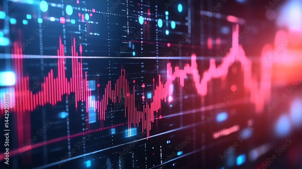 A digital graph displays fluctuating data, highlighted by bright red and blue neon lights on a futuristic interface. A digital graph displays fluctuating data, highlighted by bright red and blue neon lights on a futuristic interface.