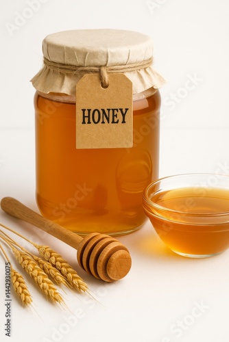 Honey Jar With Wheat Spikes and Wooden Dipper Displayed on a White Background