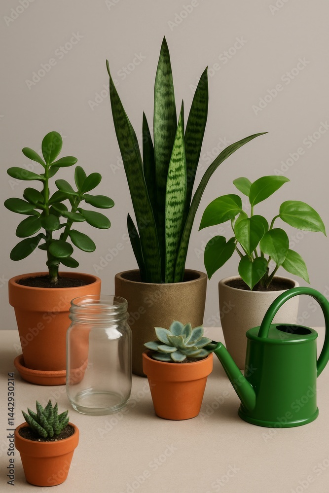 Fototapeta premium Variety of Indoor Plants With Different Pots and a Watering Can Arranged on a Neutral Background