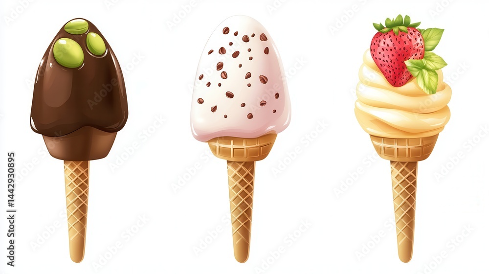 Ice cream realistic. Popsicle pistachio, strawberry and vanilla. Eskimo with chocolate. Cafe food, cold milk dessert with nuts, flavor dairy. Waffle cones and sticks, vector isolated icons restaurant Ice cream realistic. Popsicle pistachio, strawberry and vanilla. Eskimo with chocolate. Cafe food, cold milk dessert with nuts, flavor dairy. Waffle cones and sticks, vector isolated icons restaurant