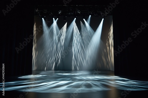 Obraz na płótnie Empty contemporary dance stage with dramatic lighting design where professional performers showcase modern choreography featuring artistic spotlights during evening cultural events. w salonie