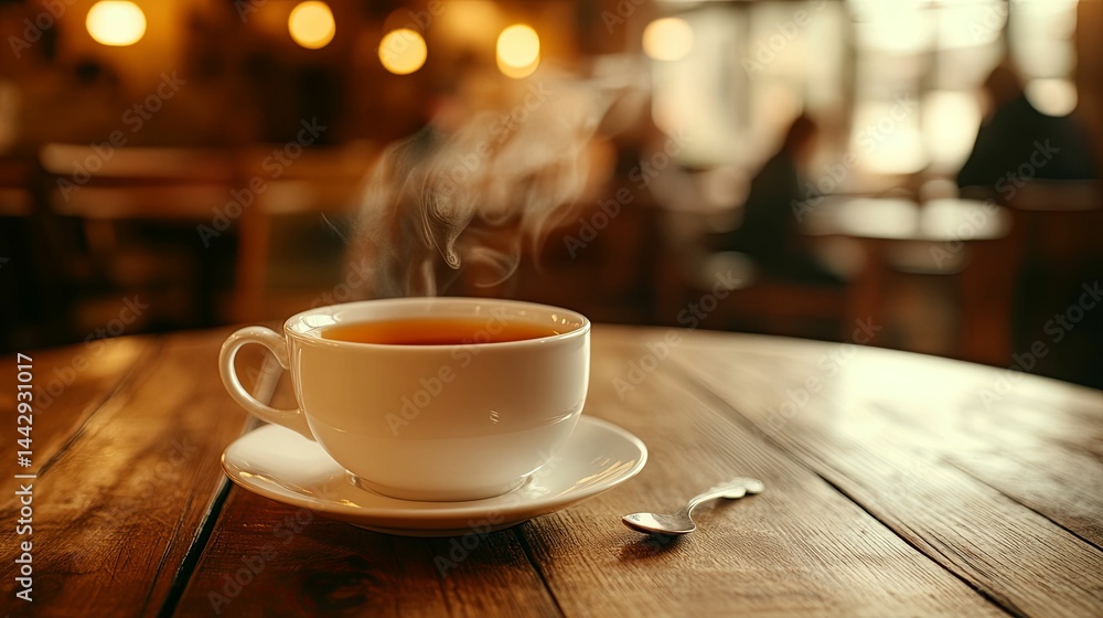 Steaming cup of tea on a wooden table in a cafe. Steaming cup of tea on a wooden table in a cafe.
