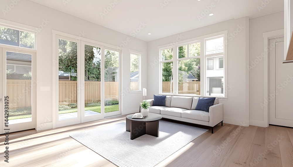 Fototapeta premium Bright, airy sunlit living room with light beige sofa, coffee table, and large windows/doors opening to a backyard