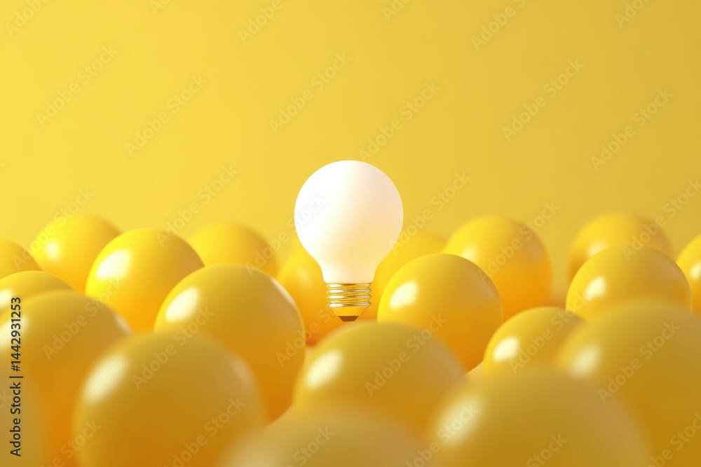 A 3D-rendered illustration symbolizing individuality and uniqueness, featuring a glowing white light bulb among unlit yellow bulbs on a light yellow background A 3D-rendered illustration symbolizing individuality and uniqueness, featuring a glowing white light bulb among unlit yellow bulbs on a light yellow background