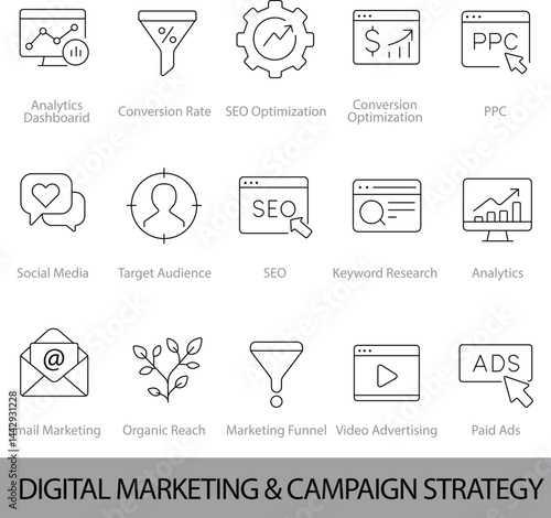 Digital Marketing Strategy Line Icons – SEO, PPC, Funnel, Analytics Pack | Vector Set in AI, EPS, SVG | Designed in Adobe Illustrator

