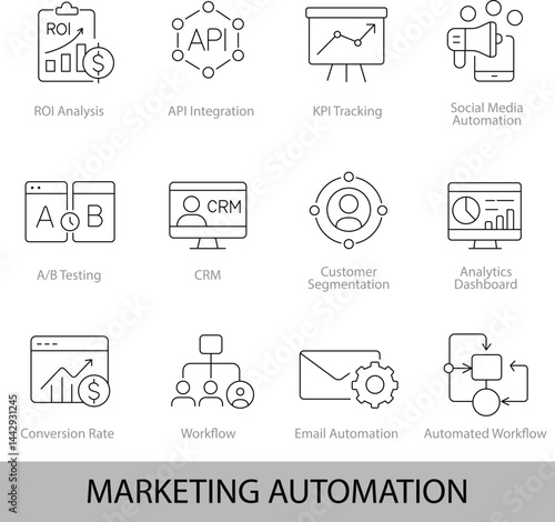 Marketing Automation Line Icons – CRM, A/B Testing, Workflow, Email Automation | Vector Set in AI, EPS, SVG | Designed in Adobe Illustrator