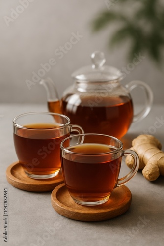 Warm Ginger Tea Served in Clear Cups With a Glass Teapot on a Gray Surface
