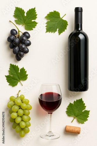 Red Wine and Grapes Arranged Creatively With Leaves on a White Background
