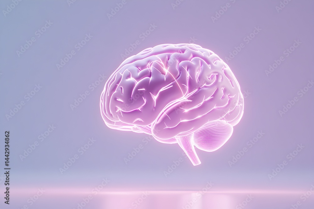 Glowing pink brain model, detailed anatomy, light reflection on surface Glowing pink brain model, detailed anatomy, light reflection on surface