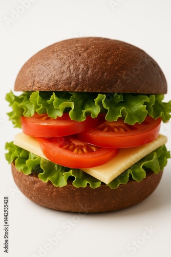 Delicious Brown Bread Burger Stacked With Fresh Greens and Tomatoes in Bright...