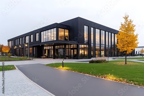 Modern black building with large windows, illuminated interior, and autumnal landscaping