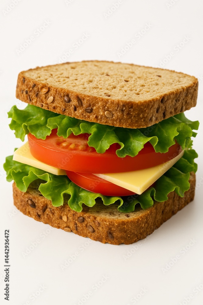 Fresh Sandwich Made With Whole Grain Bread, Lettuce, Tomato, and Cheese on a Clean Background Fresh Sandwich Made With Whole Grain Bread, Lettuce, Tomato, and Cheese on a Clean Background