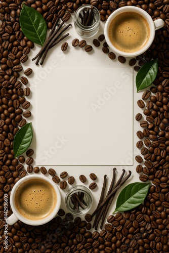 Coffee Setup With Cups, Beans, and Leaves for Creative Designs on a Blank Canvas