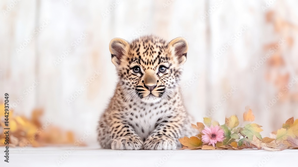 Obraz premium Adorable leopard cub in autumnal setting