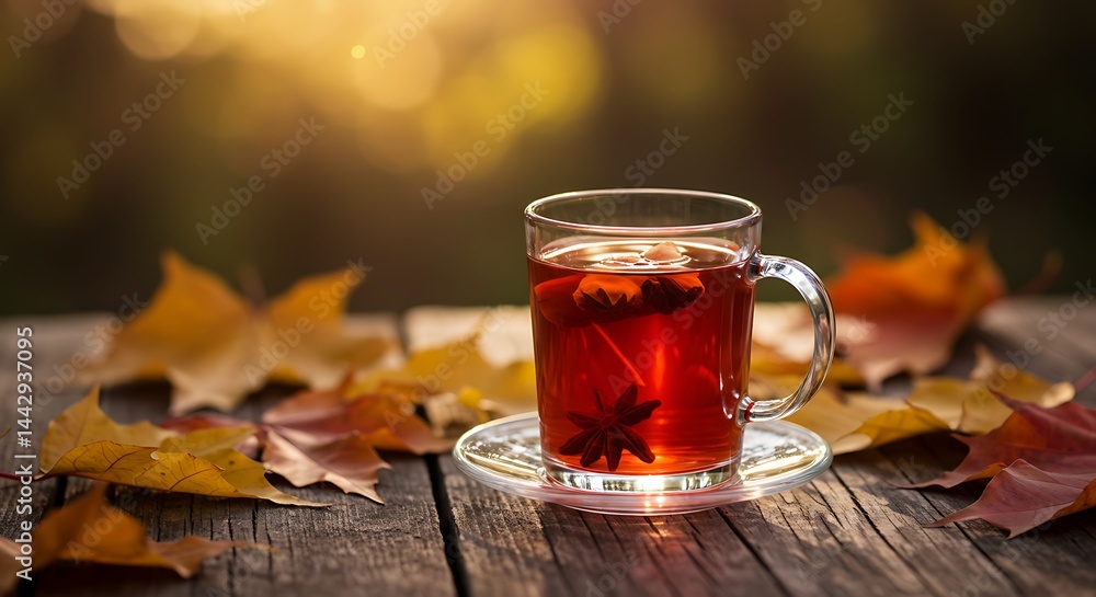 A steaming glass cup of red tea sits on a light wooden table, surrounded by scattered red and orange autumn leaves. Warm golden sunlight filters through a blurred fall forest background, A steaming glass cup of red tea sits on a light wooden table, surrounded by scattered red and orange autumn leaves. Warm golden sunlight filters through a blurred fall forest background,