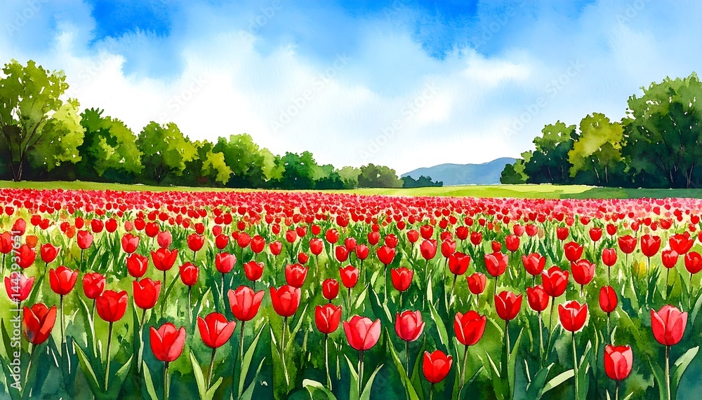 Vibrant Red Tulip Field Under a Bright Blue Sky with Lush Green Trees in the Background Vibrant Red Tulip Field Under a Bright Blue Sky with Lush Green Trees in the Background