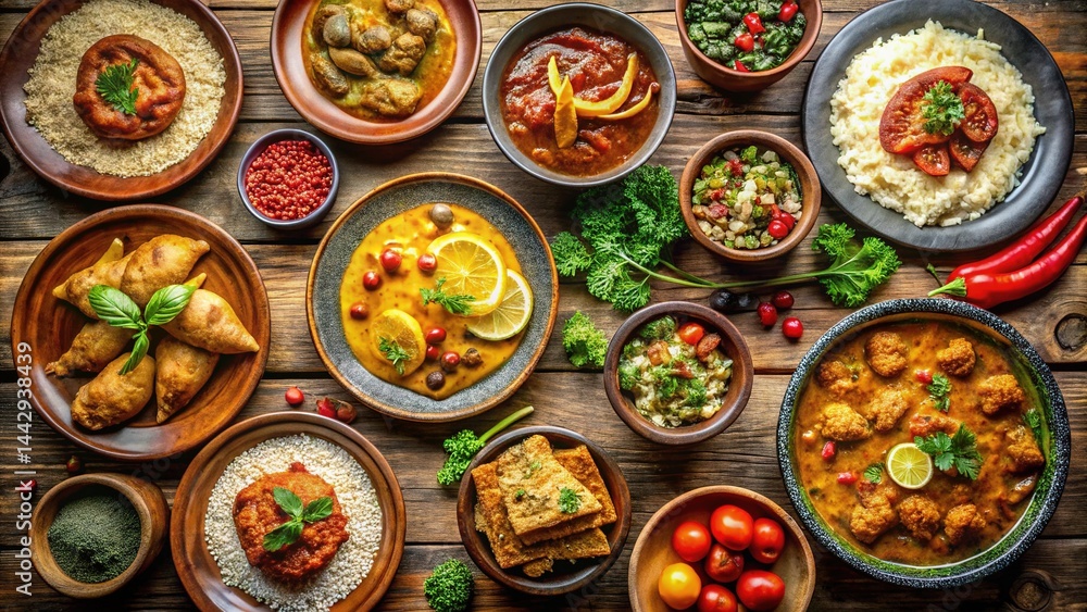 Global Cuisine Plates - Wooden Background Global Cuisine Plates - Wooden Background