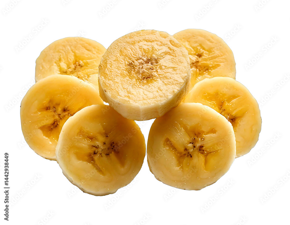 Fresh banana slice on transparent background and white background Fresh banana slice on transparent background and white background