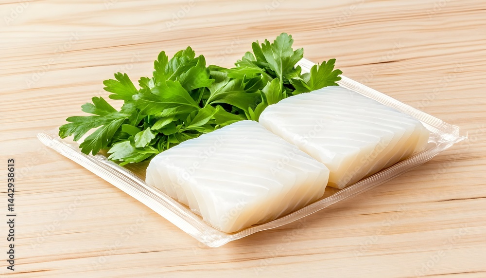 Two square, white seafood portions on a tray, garnished with fresh parsley, atop a light wood surface Two square, white seafood portions on a tray, garnished with fresh parsley, atop a light wood surface