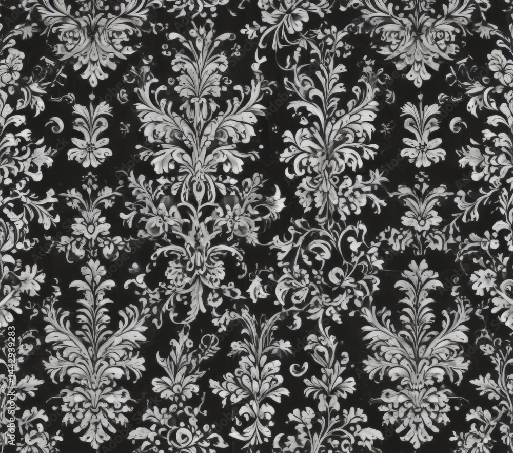 Elegant black and white damask seamless pattern, intricate swirling floral motifs , curve, art Elegant black and white damask seamless pattern, intricate swirling floral motifs , curve, art