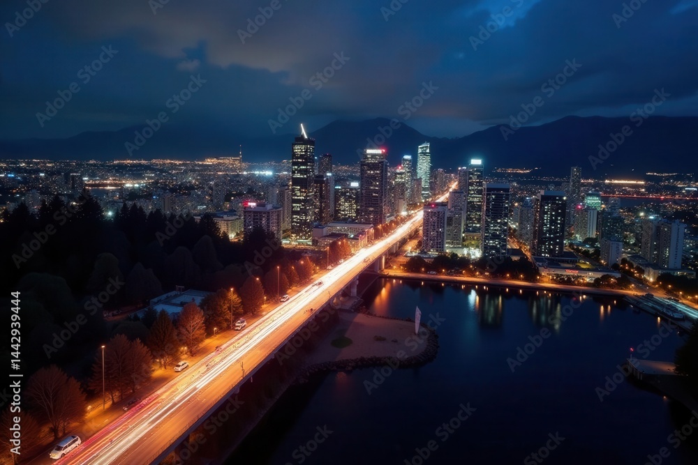 Obraz premium Streaking lights radiate from Vancouver's core at night , shadow, energy