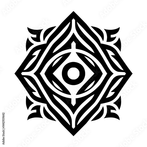 Black and White Tribal Geometric Eye Symbol Ornament. Abstract Graphic Design Element.