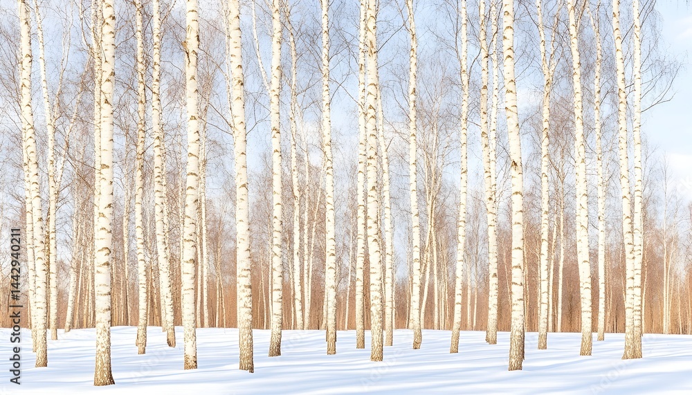Fototapeta premium Sunlit birch forest in winter, snow-covered ground, leafless trees