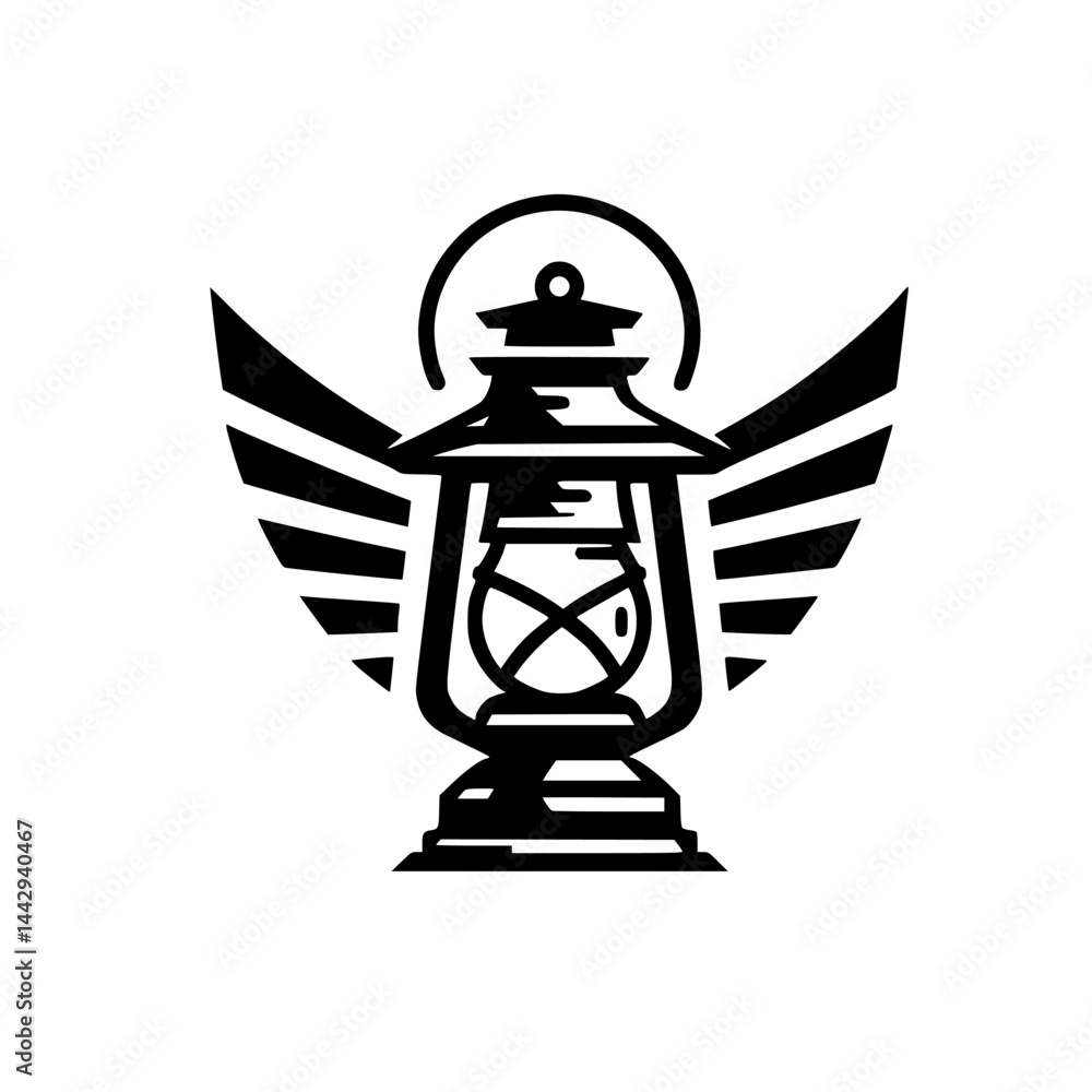 Fototapeta premium Vintage Flying Lantern Emblem Black and White Illustration