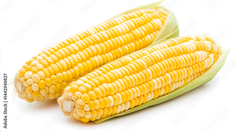 Two Fresh Corn Cobs Isolated on White Background with Clipping Path for a Clean and Crisp Visual. Two Fresh Corn Cobs Isolated on White Background with Clipping Path for a Clean and Crisp Visual.