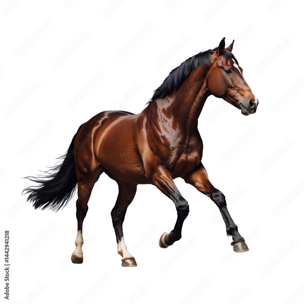 Obraz premium Strong and elegant brown horse in motion, isolated on white. High-resolution animal image perfect for equestrian content, ads, and nature-themed visuals