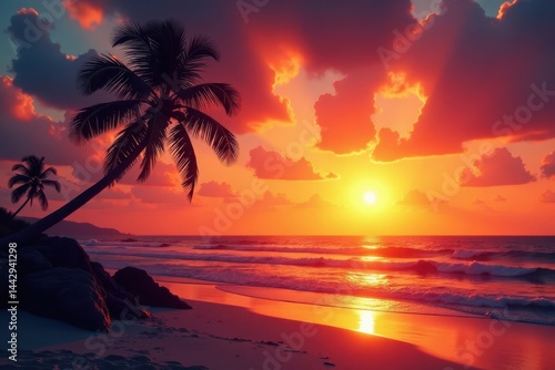 Stunning beach scene; palm silhouette against fiery sunset , ocean view, scenic, tropical beach