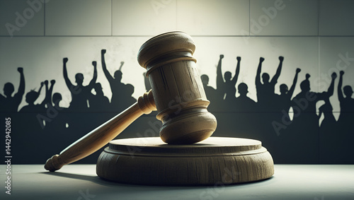 Social justice concept gavel with blurred crowd of protesters holding signs in the background/ protest, public assembly, labour strike, civil rights activist protest.