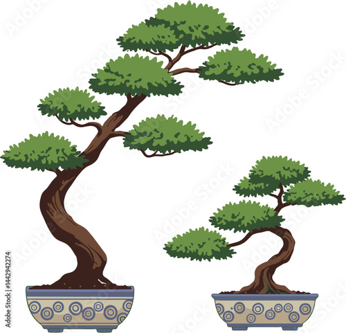 Illustration of Two Elegant Bonsai Trees in Ornate Pots Vector