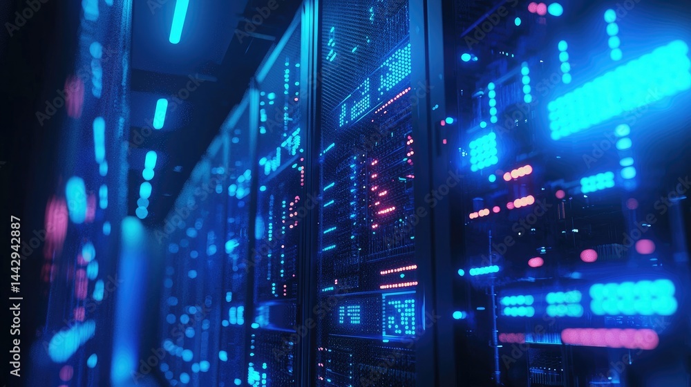 Bright LED-lit data servers behind glass panels in a high-tech blue and pink-lit corridor, great for cybersecurity, cloud storage, and futuristic IT infrastructure themes Bright LED-lit data servers behind glass panels in a high-tech blue and pink-lit corridor, great for cybersecurity, cloud storage, and futuristic IT infrastructure themes