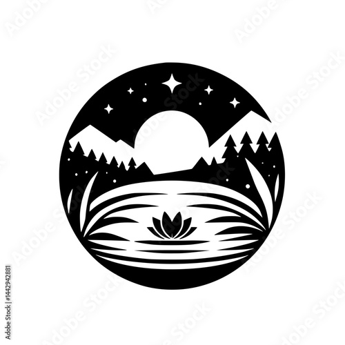 Minimalist Black & White Nature Icon: Moonlit Mountains, Lake, Lotus, Stars in Circle