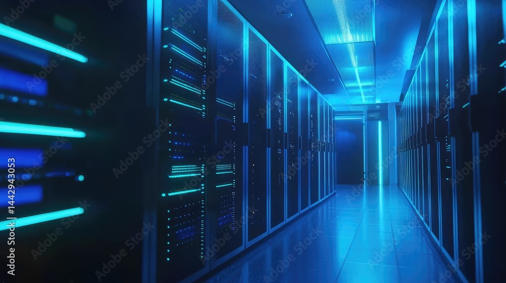Advanced data center corridor glowing in intense blue light with symmetrical server cabinets, ideal for promoting cloud computing, IT infrastructure, and network security services Advanced data center corridor glowing in intense blue light with symmetrical server cabinets, ideal for promoting cloud computing, IT infrastructure, and network security services