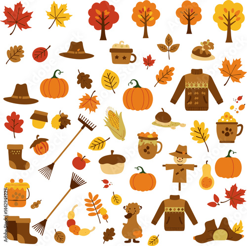 Collection of Colorful Autumn Icons Illustration Vector